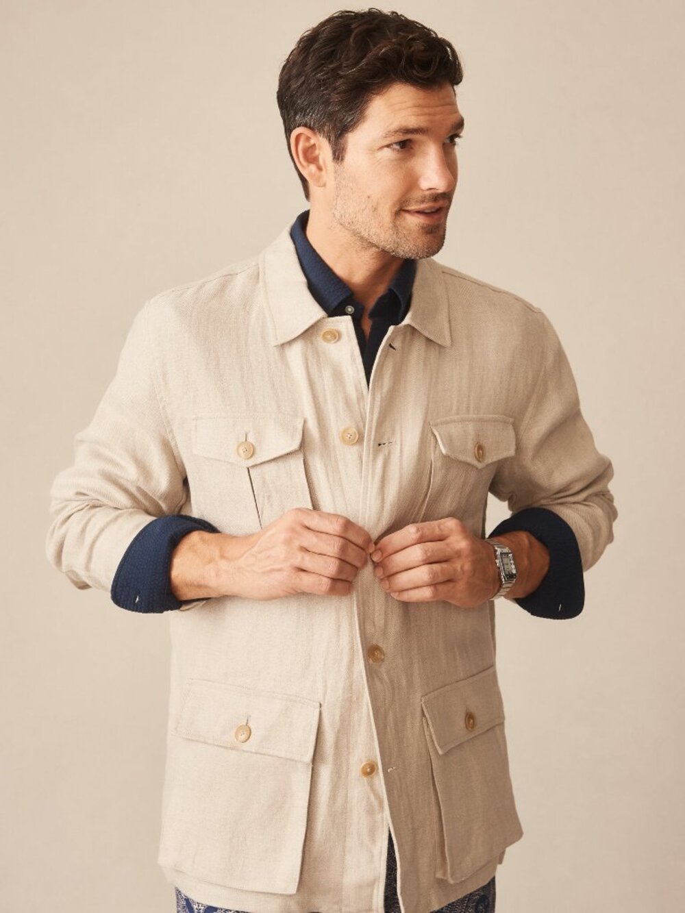 J McLaughlin Aston Linen Safari Jacket in Herringbone - Stone NEW